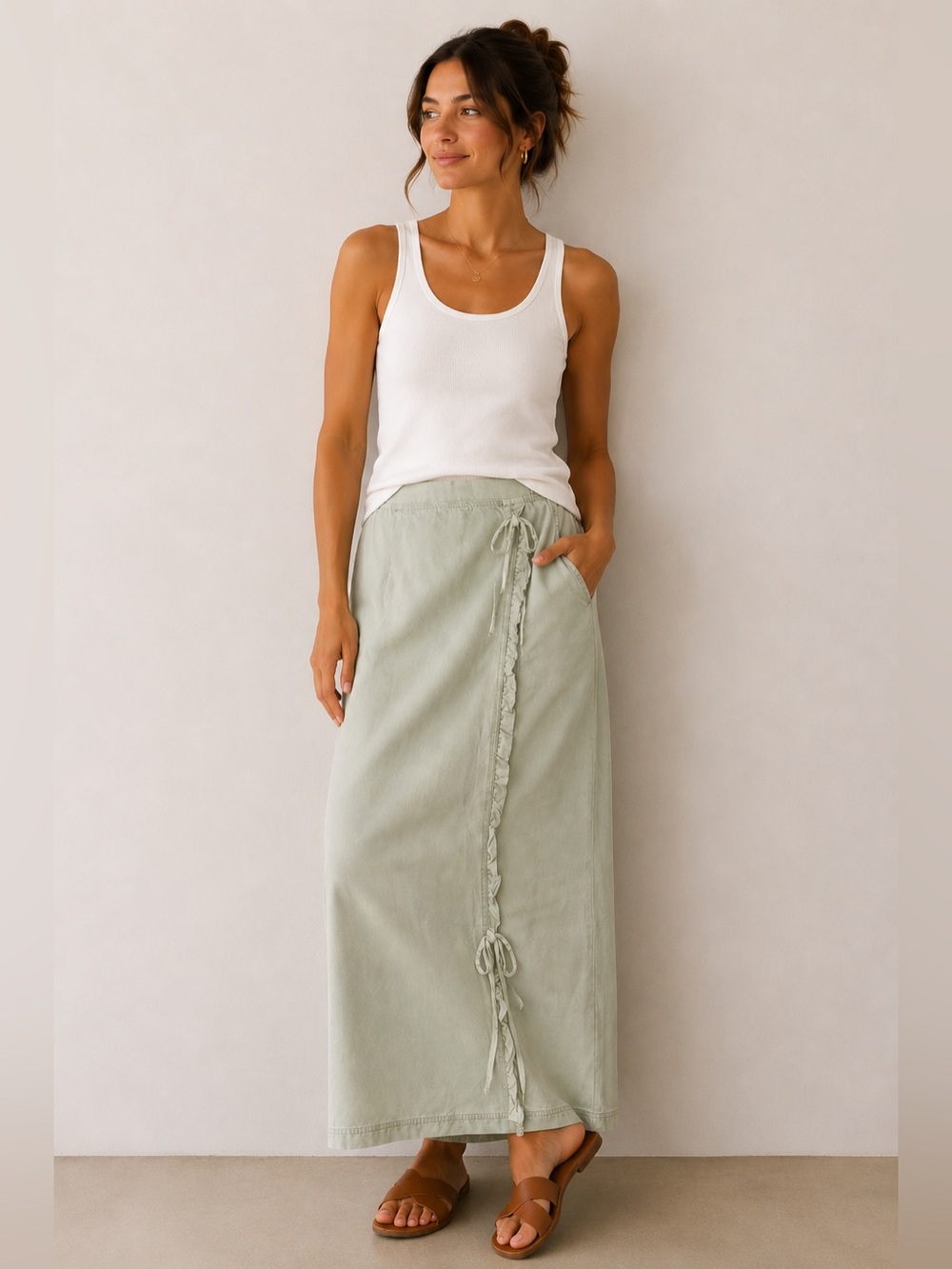 Nannette Light Sage Green Midi Skirt with Ruffle Trim